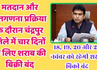 मतदान और मतगणना प्रक्रिया के दौरान चंद्रपुर जिले में चार दिनों के लिए शराब की बिक्री बंद, 18, 19, 20 और 23 नवंबर को रहेगी शराब बिक्री बंद