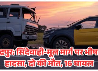 चंद्रपुर: सिंदेवाही-मूल मार्ग पर भीषण हादसा, दो की मौत, 16 घायल काली-पीली यात्री वाहन और ट्रक की टक्कर, चालक सहित एक महिला की मौत